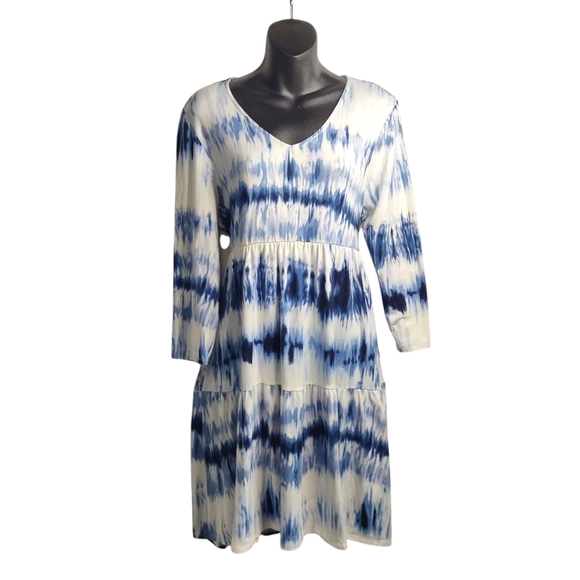 Simply Obsessed Dress Blue White Tie-dyed 3/4 Sleeves V-Neck Stretch Sz L NWT - Picture 1 of 10